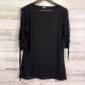 REBA Black Chiffon Sheer Mesh Sleeve Ruched Tunic Top Shirt Blouse‎ Size L